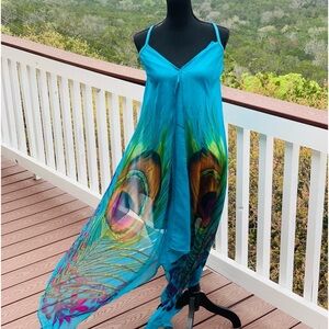 Indian Tropical Bohemian‎ Blue Dress Peacock Print